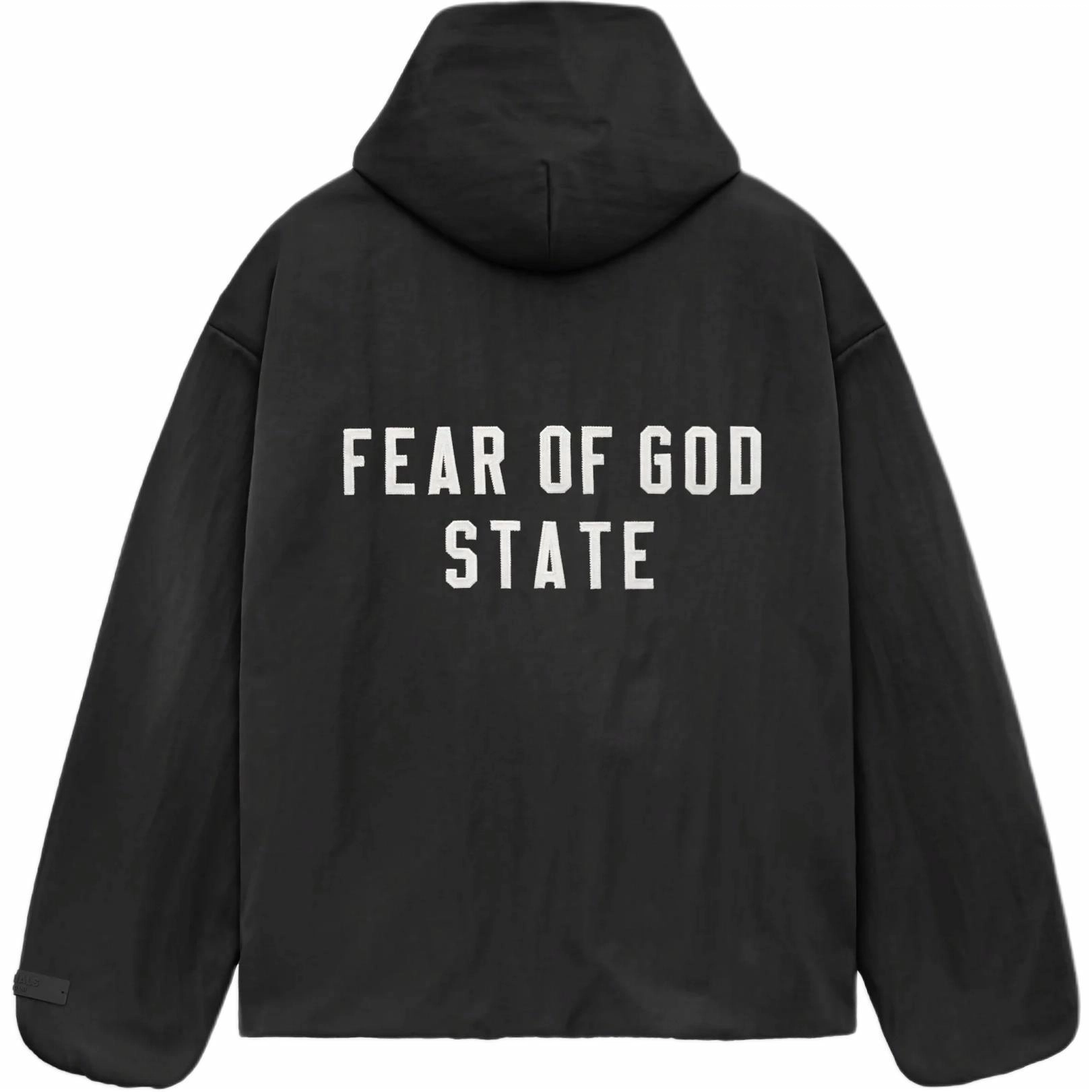 Fear of God Essentials Fall24 BACK TO SCHOOL Textured Nylon Hooded Coaches Jacket Logo BLACK