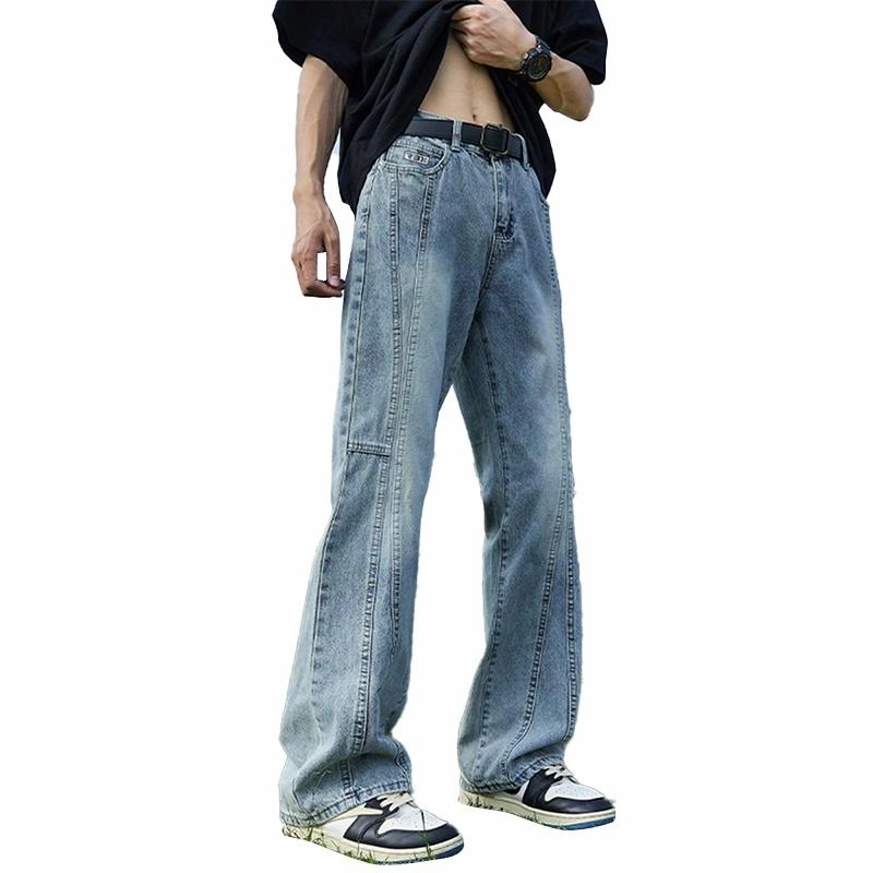 人本 简约拼接校园通勤直筒裤子微喇显瘦水洗长裤子牛仔裤夏季 男女同款 蓝色