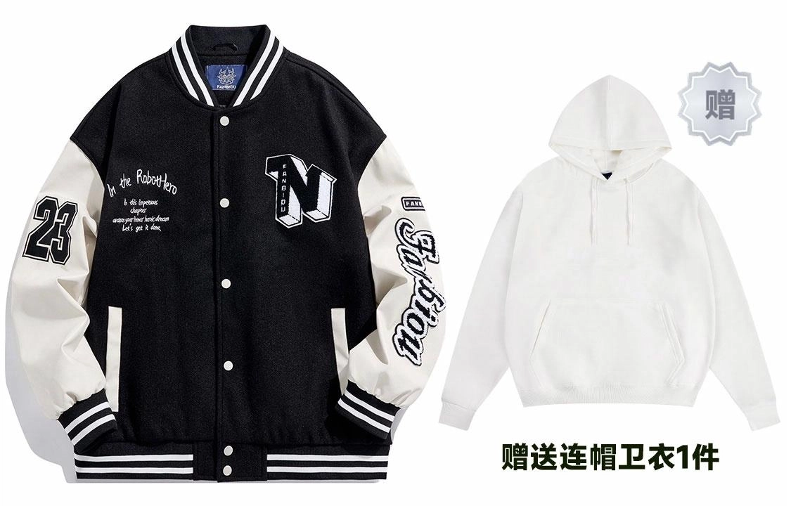 范比欧 日系复古撞色拼接毛呢贴布毛巾刺绣字母加厚宽松棒球服 男女同款