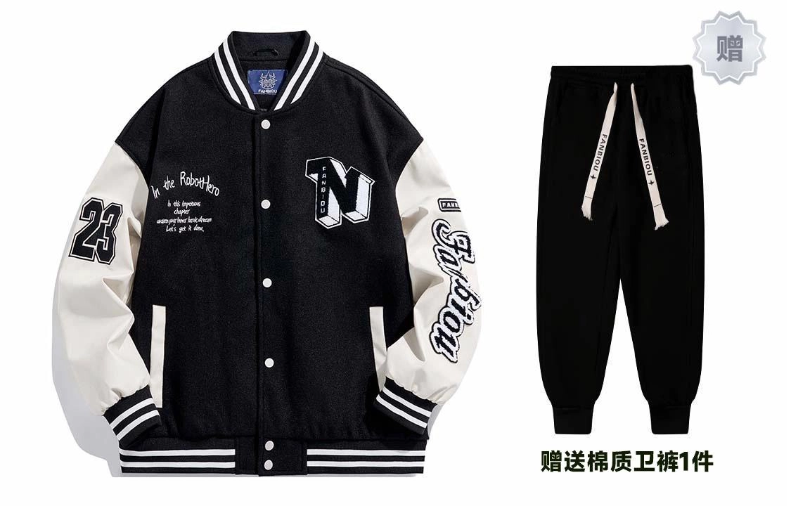 范比欧 日系复古撞色拼接毛呢贴布毛巾刺绣字母加厚宽松棒球服 男女同款