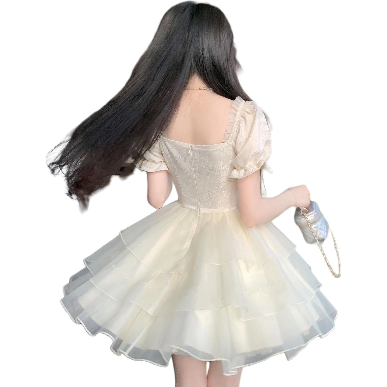 沐晓欣 公主风提花蝴蝶结少女感欧根纱蓬蓬裙春夏短袖连衣裙 女款 杏色