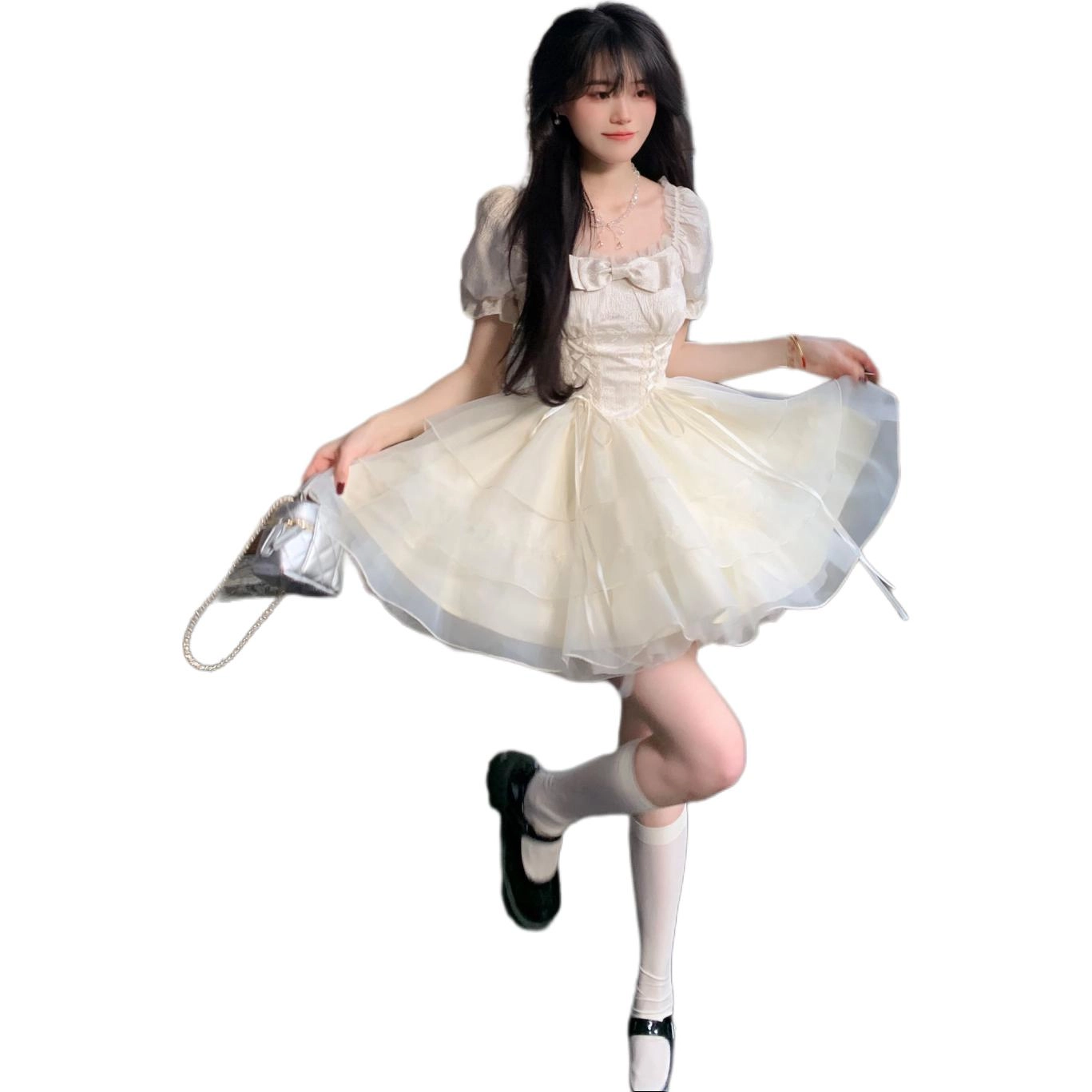 沐晓欣 公主风提花蝴蝶结少女感欧根纱蓬蓬裙春夏短袖连衣裙 女款 杏色