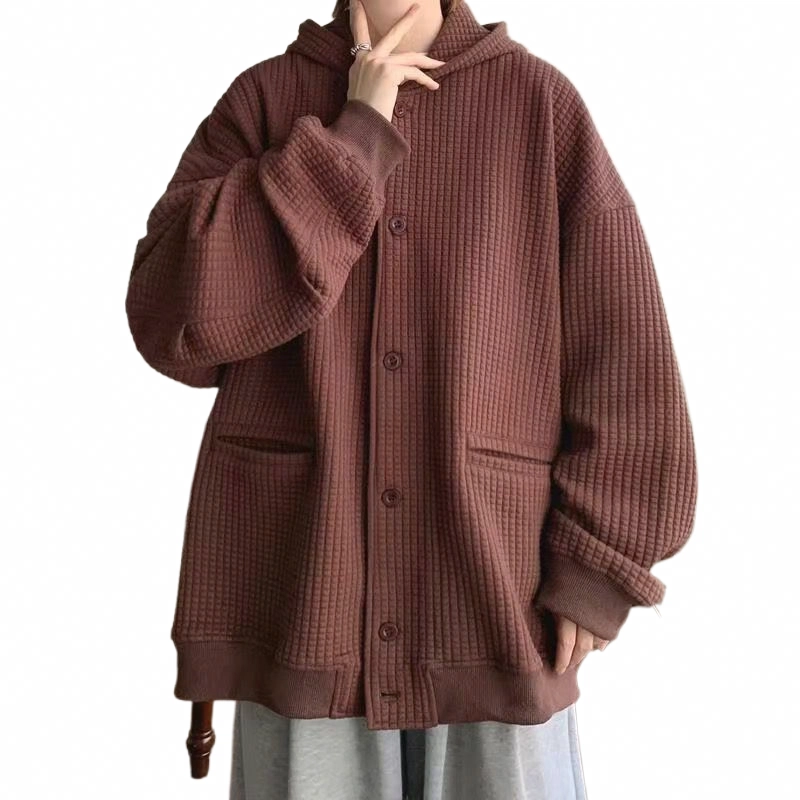 玉儿恋 美式复古纯色宽松百搭开衫连帽加厚夹克外套 男款