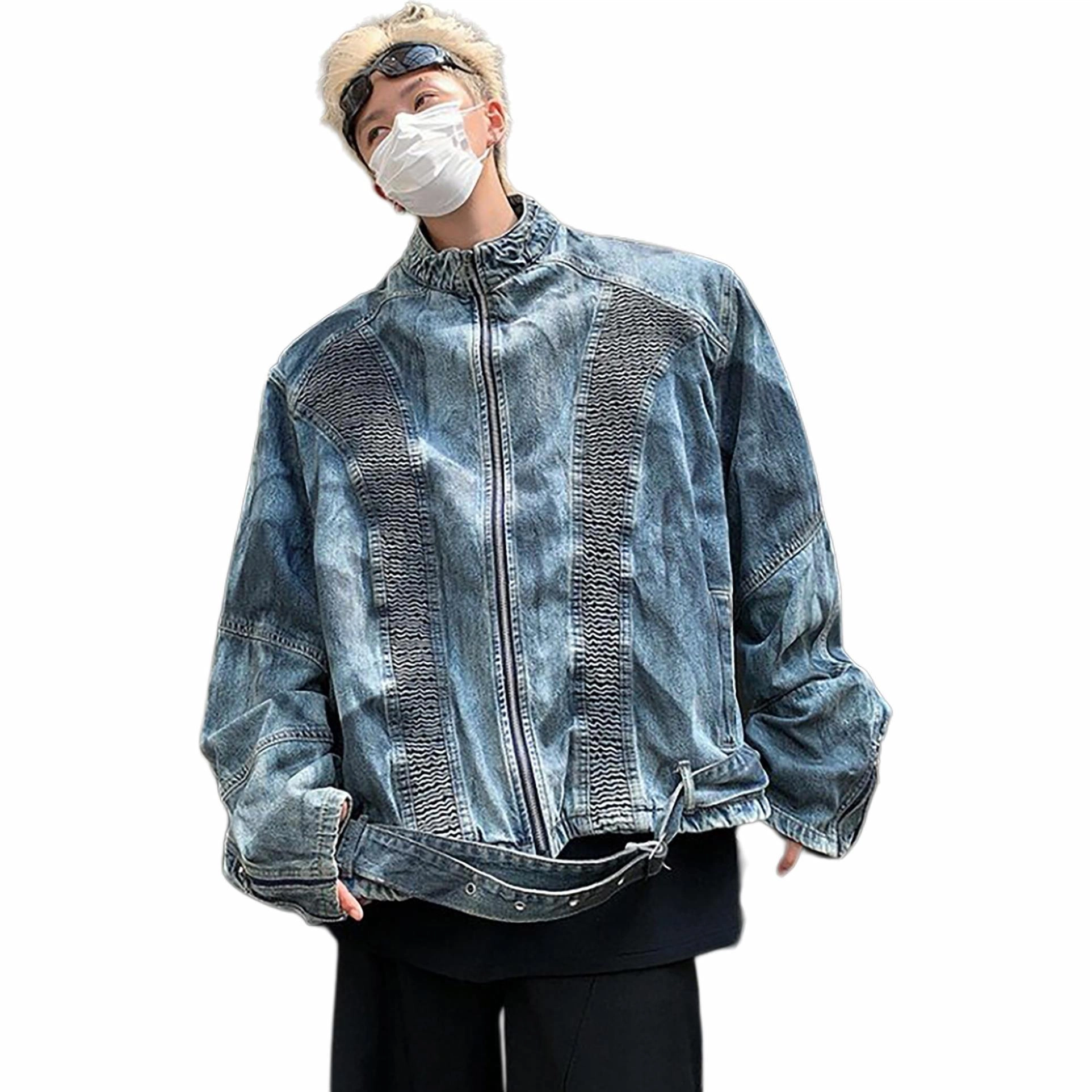 袋鼠 美式潮牌重工艺褶皱喷漆立领拉链纯色口袋嘻哈街头时尚百搭宽松夹克外套 男女同款 蓝色