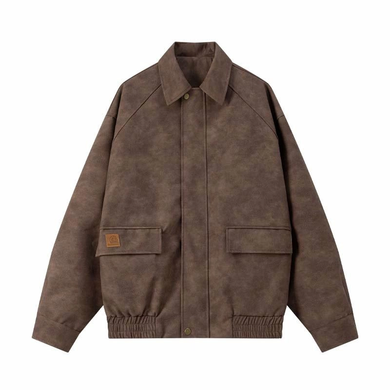 兔先森 美式复古做旧机车服宽松纯色皮衣 男女同款