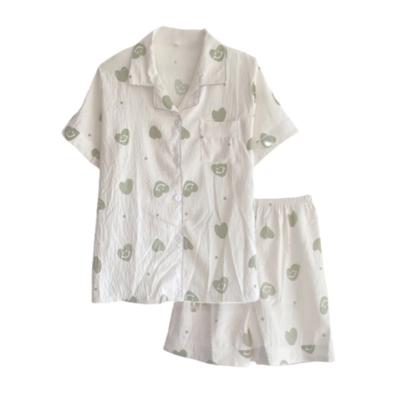 夏芬妍 柔软舒适爱心笑脸云朵棉翻领开衫家居服亲肤休闲短袖短裤时尚可外穿睡衣套装 女款 杏色