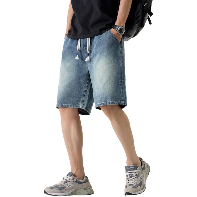 尘映 薄款腰蝴蝶纹休闲宽松直筒牛仔短裤 男款