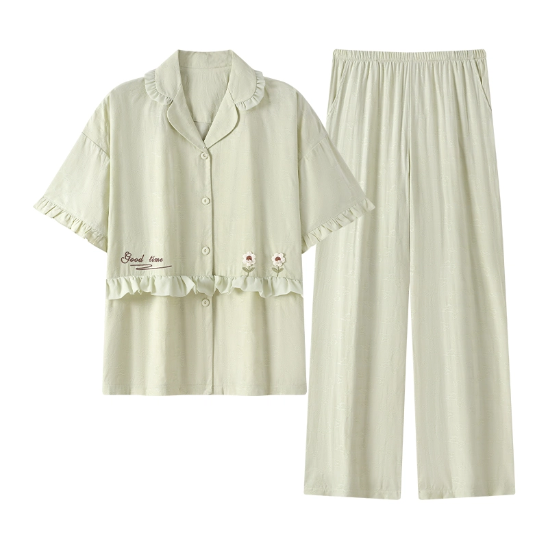 夏芬妍 甜美纯色花朵木耳边翻领家居服亲肤休闲短袖长裤时尚可外穿睡衣套装 女款 绿色
