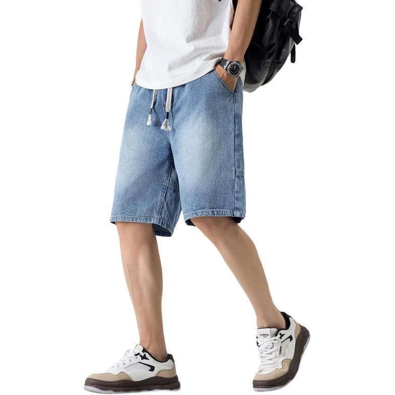 尘映 薄款腰蝴蝶纹休闲宽松直筒牛仔短裤 男款