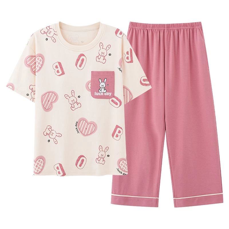 细舍 休闲短袖七分裤带胸垫卡通可爱家居服睡衣套装 女款 米白拼粉色
