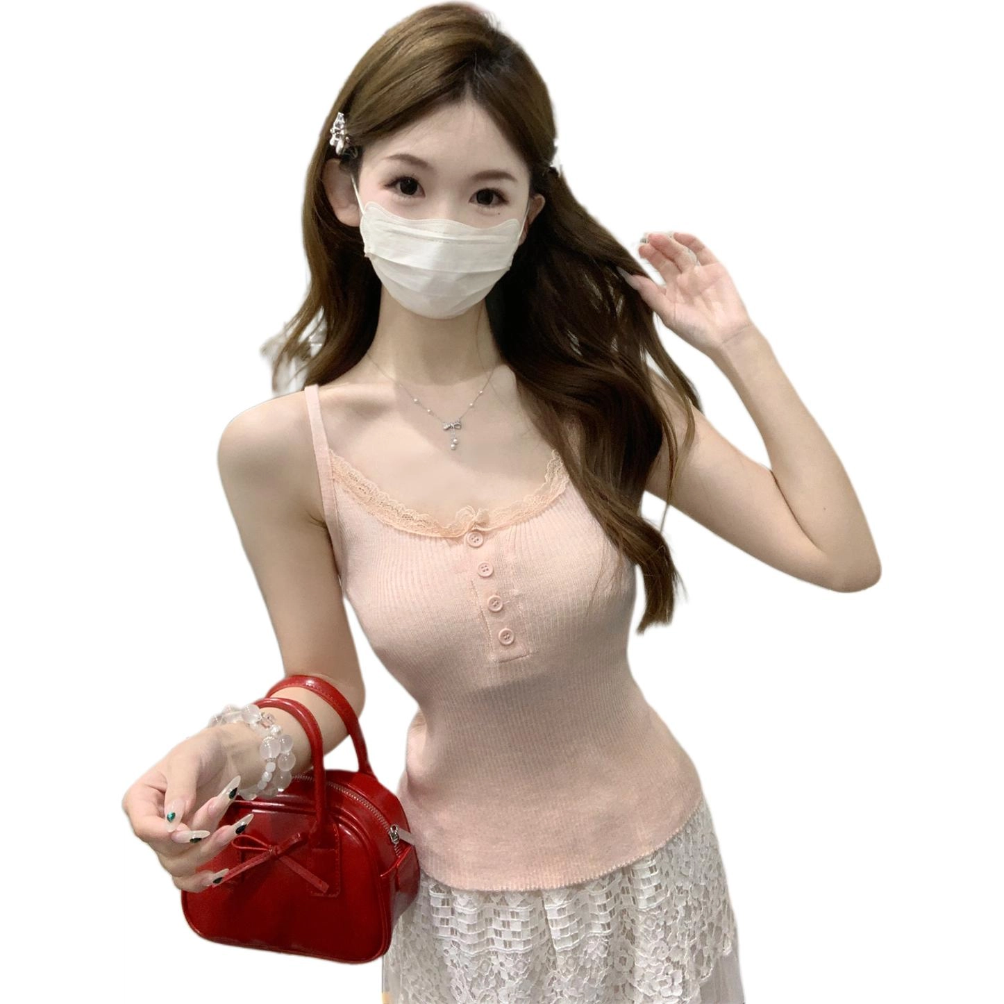 沐晓欣 夏季韩版纯欲蕾丝边纽扣设计感针织吊带上衣背心 女款