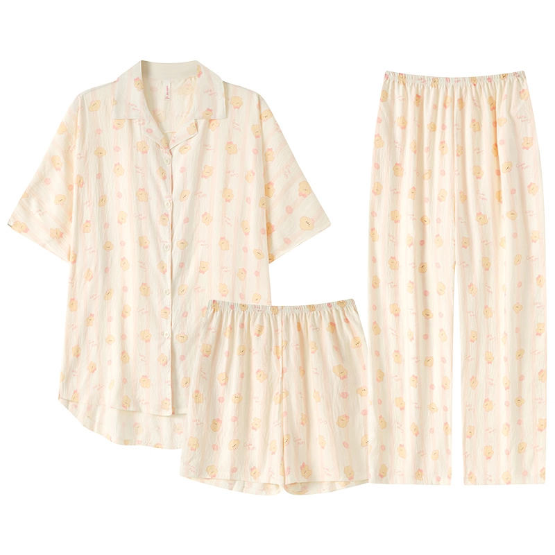 俏霓桐 简约甜美可爱卡通休闲舒适三件套可外穿家居服睡衣套装 女款 图片色