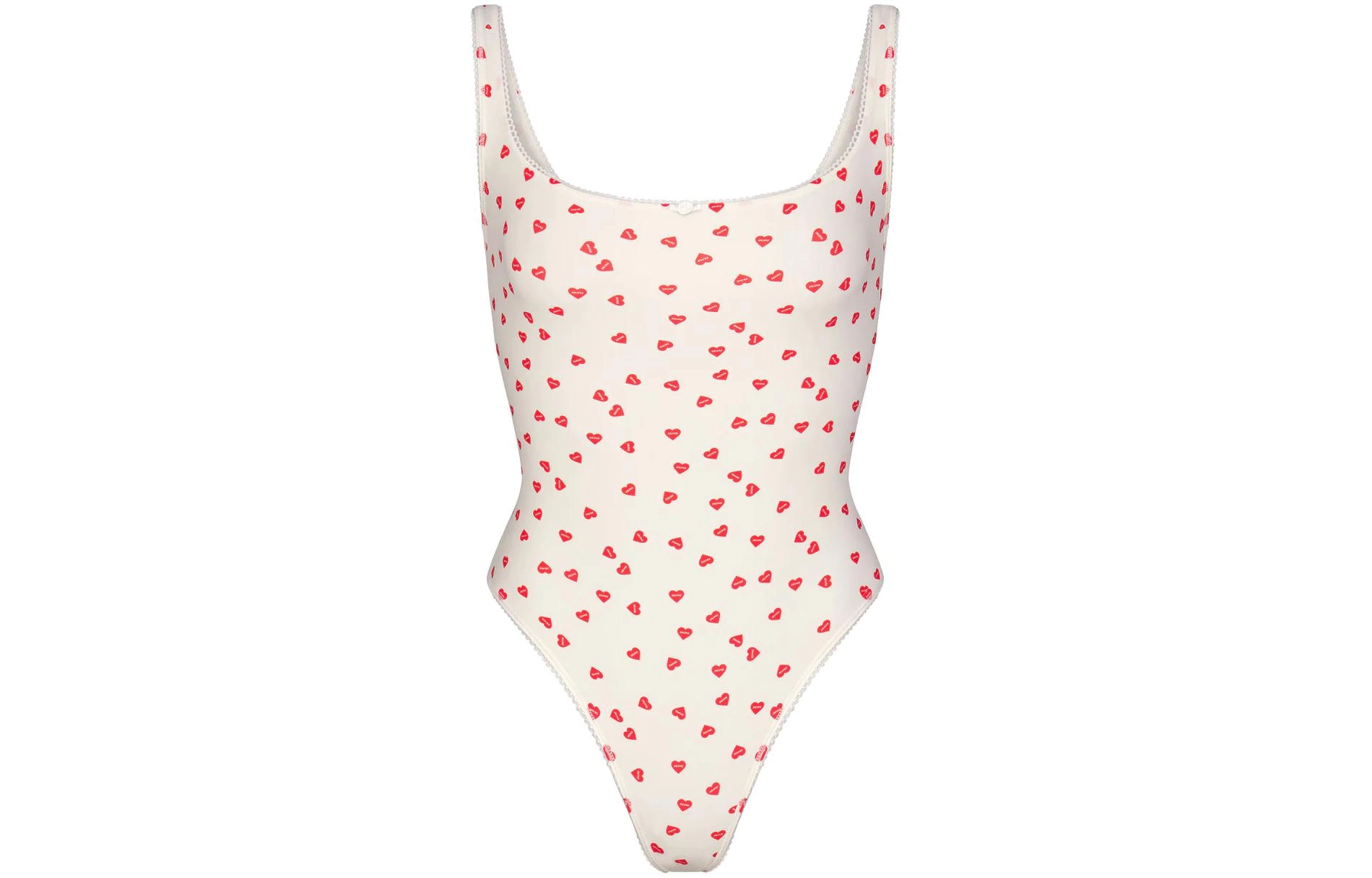 SKIMS FITS EVERYBODY PICOT TRIM SQUARE NECK BODYSUIT RUBY HEART PRINT