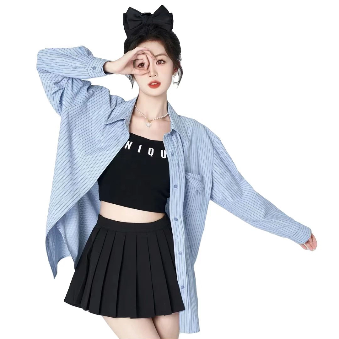 美丽衣橱 时尚设计感小众条纹通勤长袖衬衫 女款 蓝色