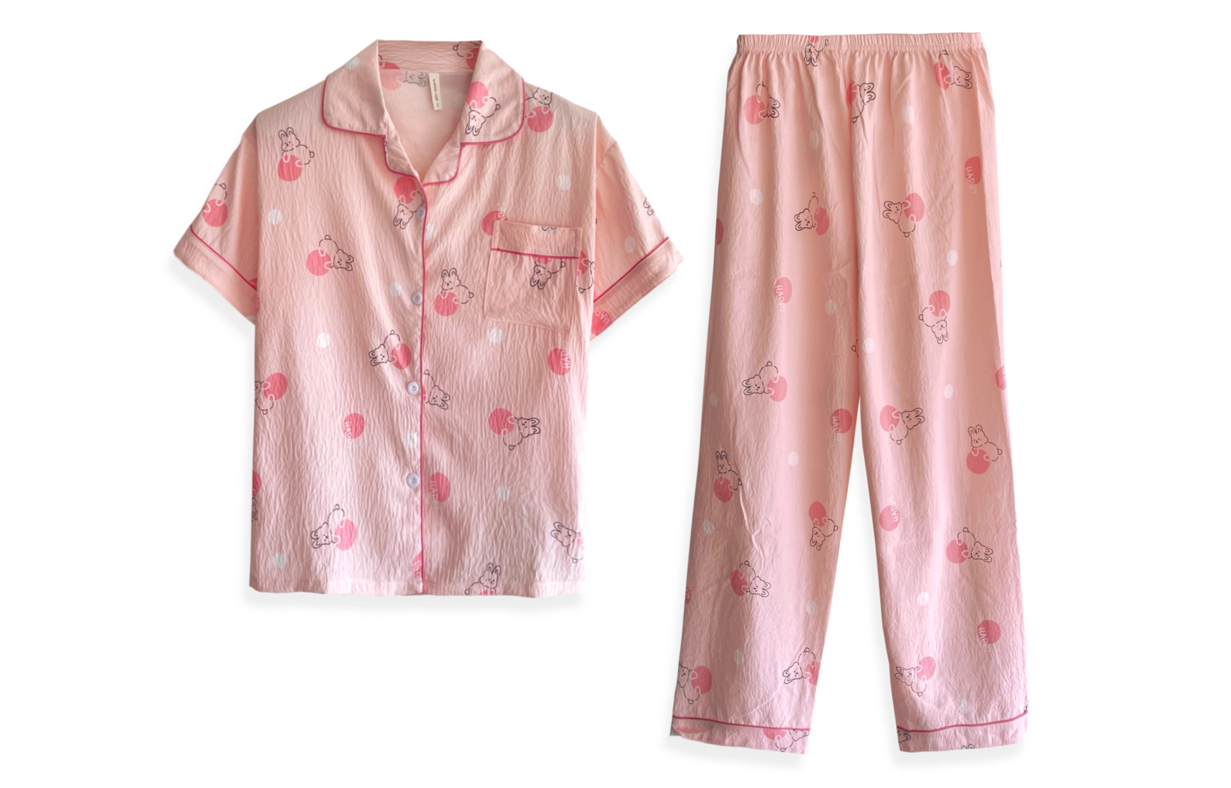 夏芬妍 简约卡通满印波点小兔翻领云朵棉短袖长裤家居服可爱舒适休闲可外穿睡衣套装 女款 粉色