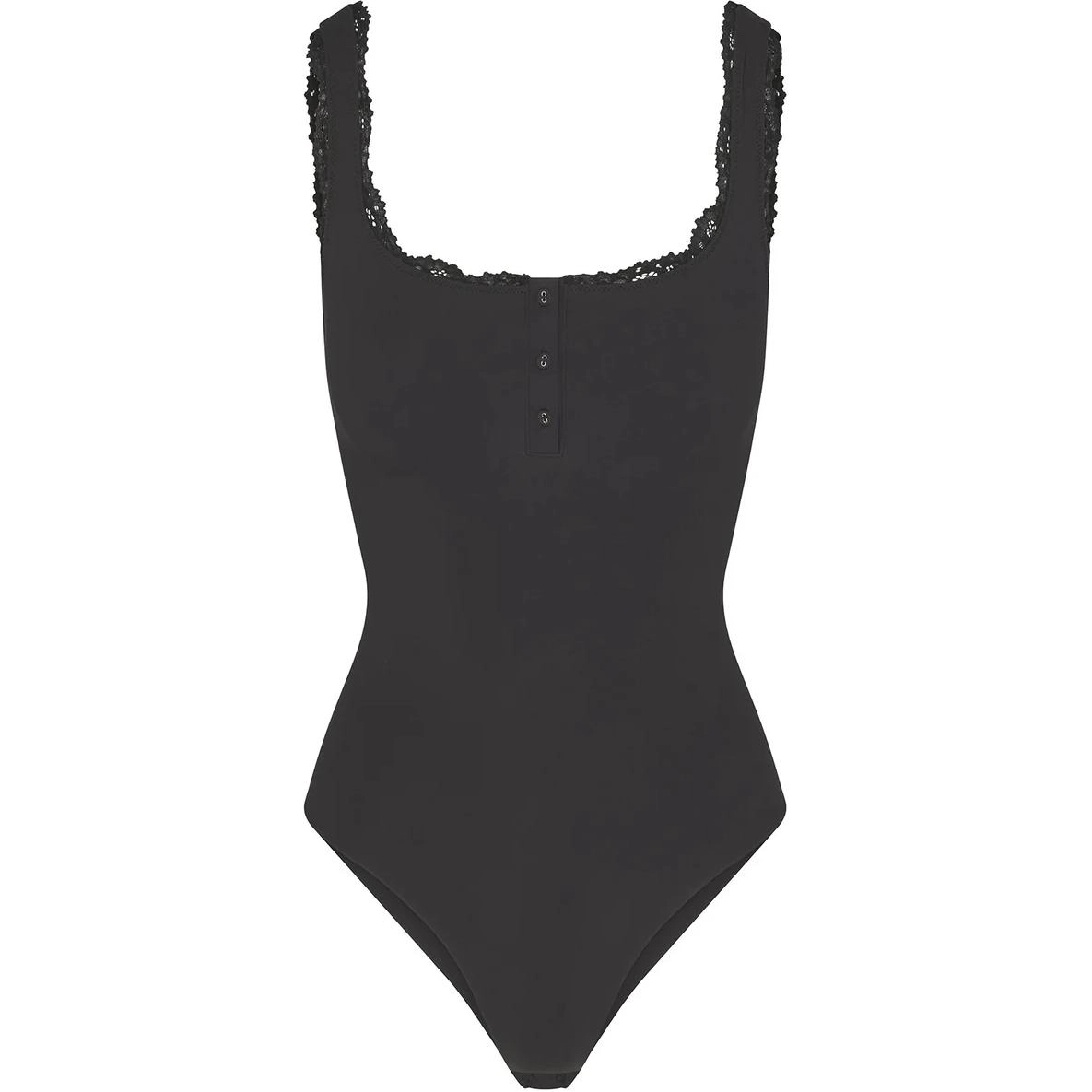 SKIMS FITS EVERYBODY LACE HENLEY BODYSUIT ONYX