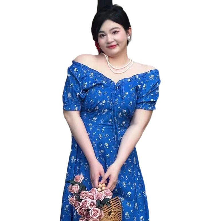 哒头下雨不愁 修身显瘦印花斜领长袖连衣裙 女款 蓝色