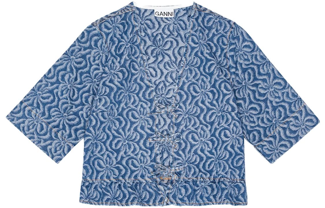GANNI Acquard Denim Flounce Tie Blouse V