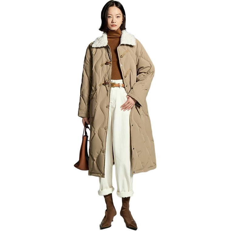 初语 毛绒领菱格纹复古长款过膝加厚外套羽绒服 女款