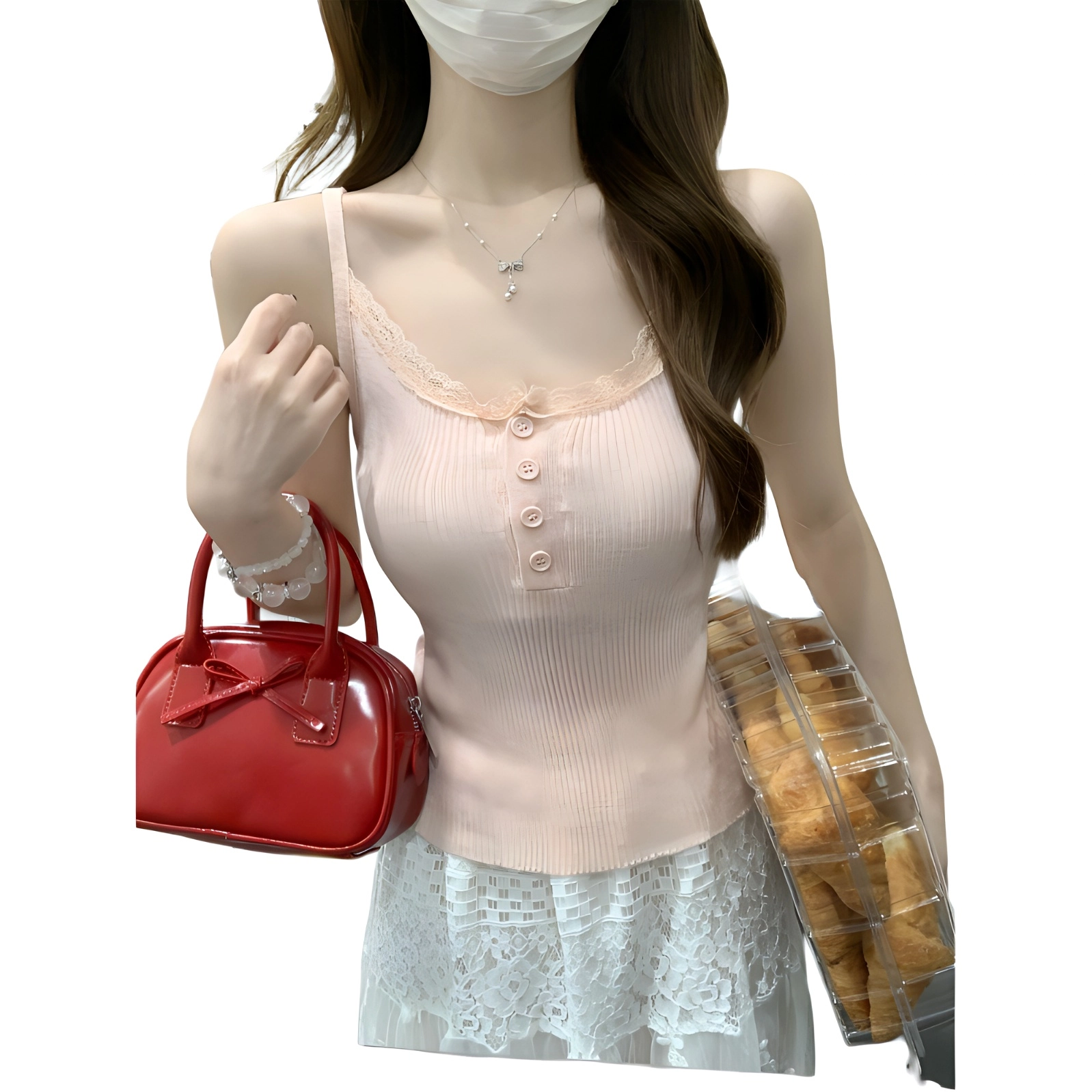 沐晓欣 夏季韩版纯欲蕾丝边纽扣设计感针织吊带上衣背心 女款