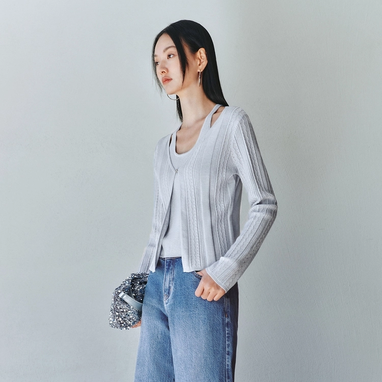太平鸟 时尚细闪银线肌理感假两件长袖针织衫 女款