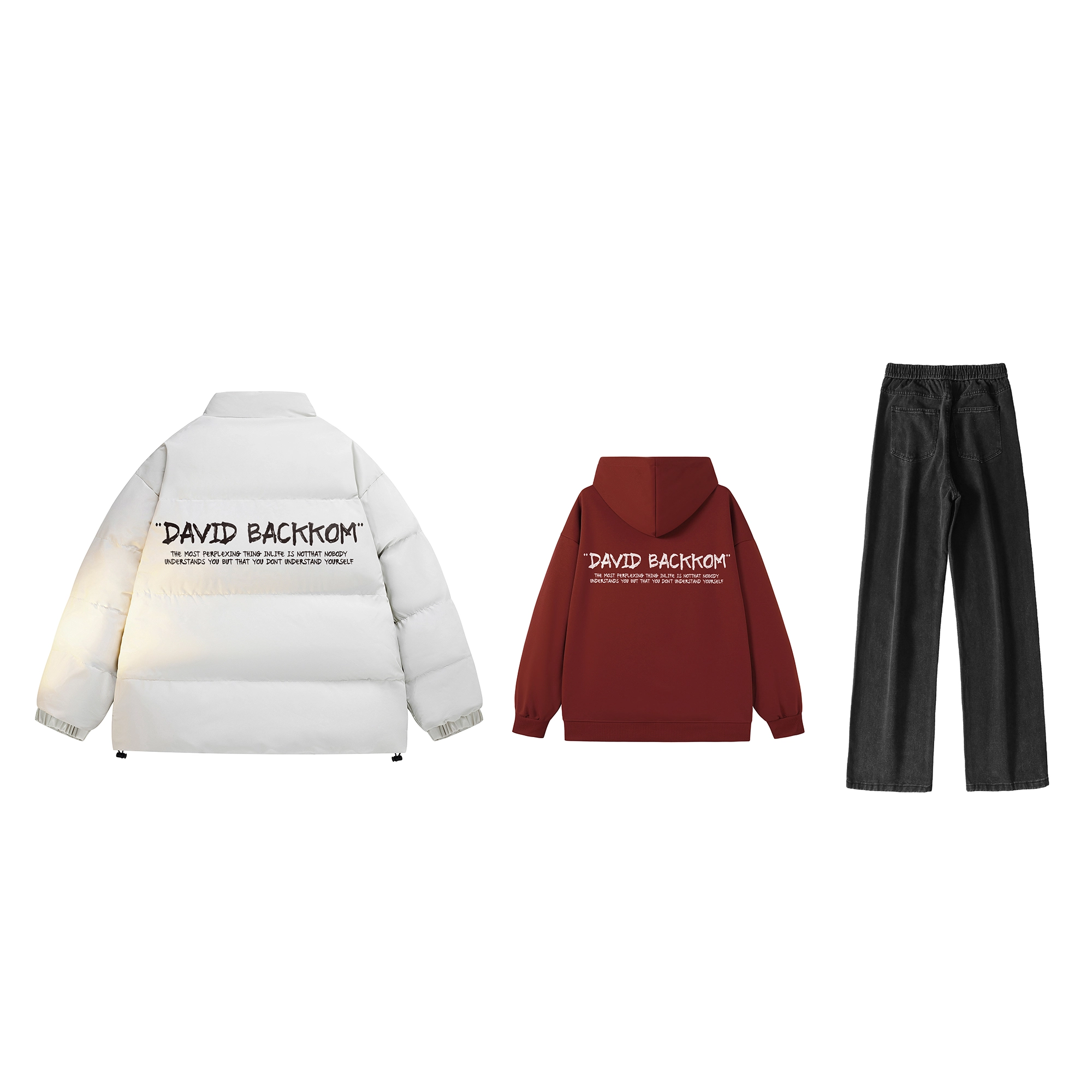 大卫贝肯 美式高街简约时尚立领宽松面包棉服外套纯色加绒保暖连帽卫衣直筒日常百搭垂感牛仔裤休闲运动套装 男女同款