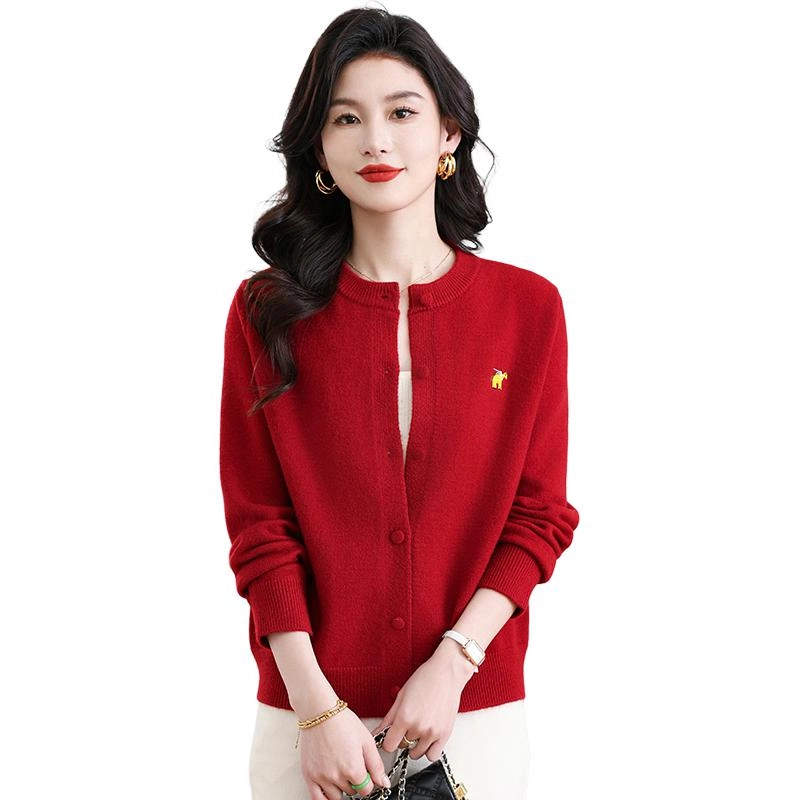 恒源祥 时尚简约气质纯色圆领长袖开衫针织衫 女款