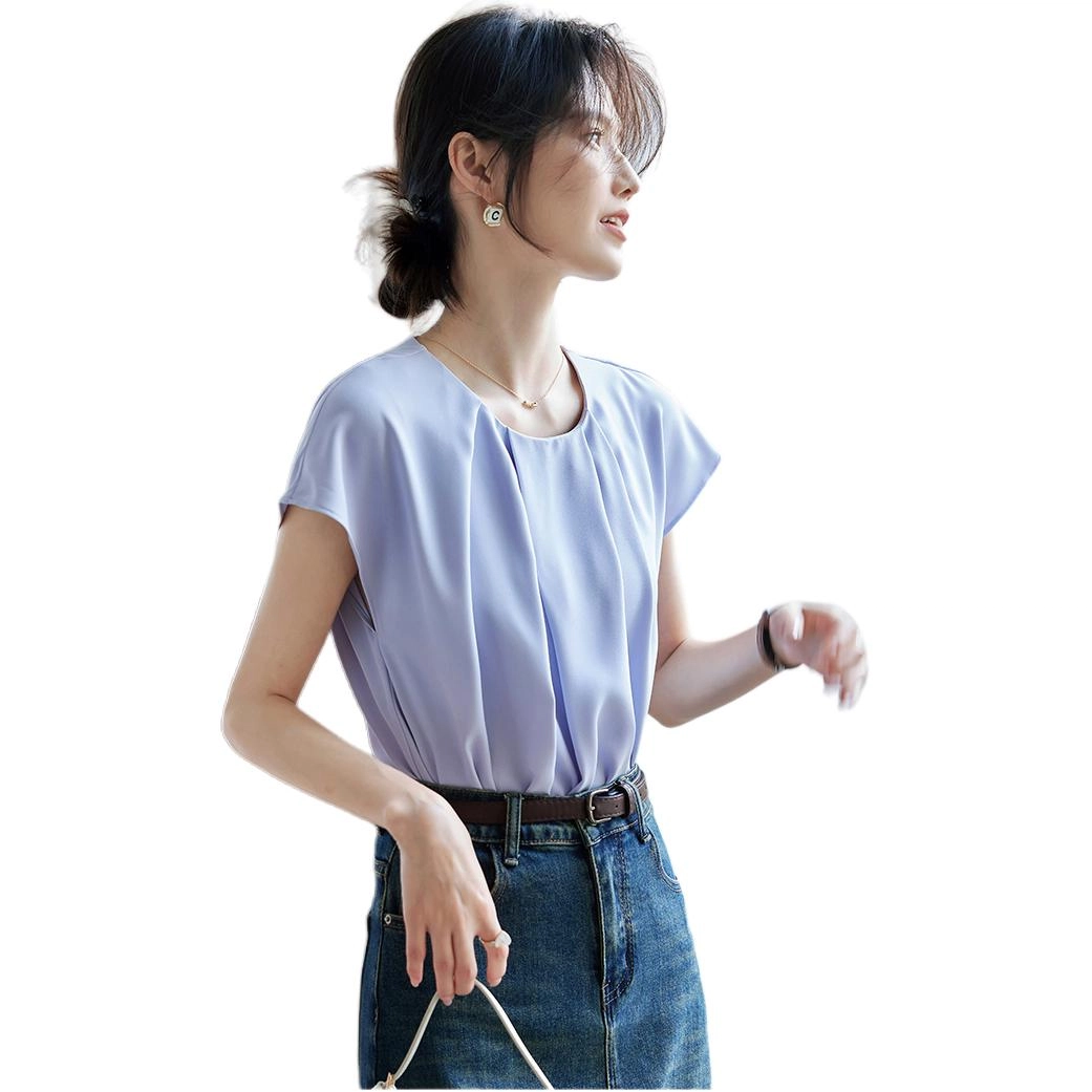 沐晓欣 韩版百搭圆领短袖通勤上衣时髦衬衫 女款 蓝色