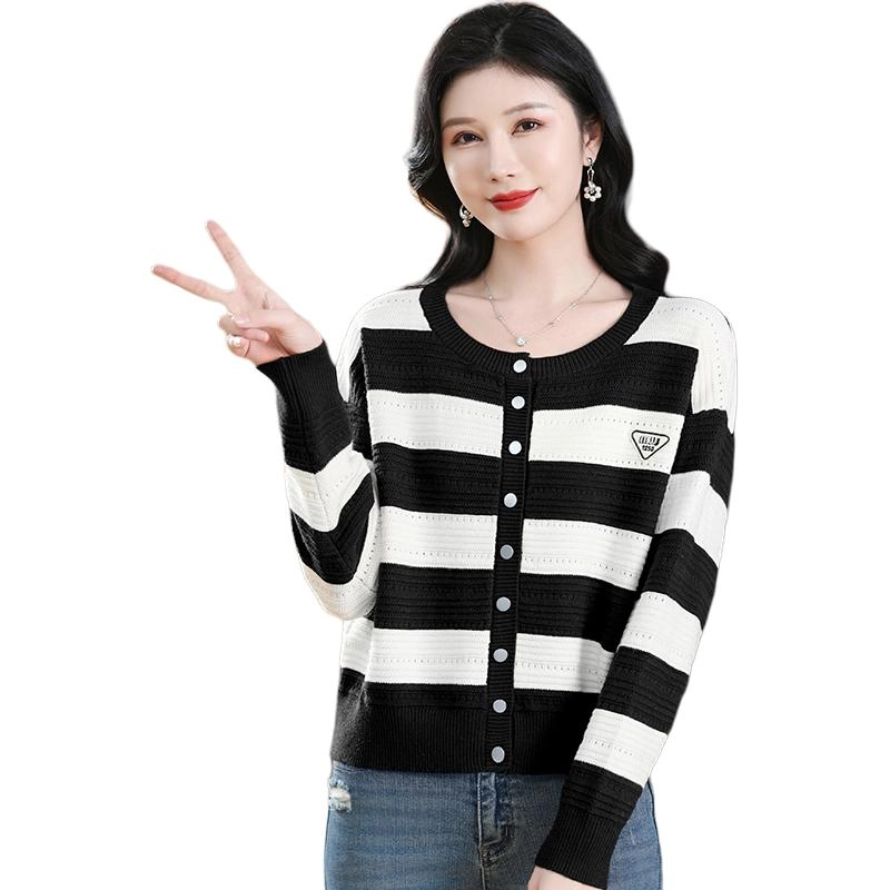 恒源祥 时尚百搭洋气条纹圆领长袖开衫针织衫 女款