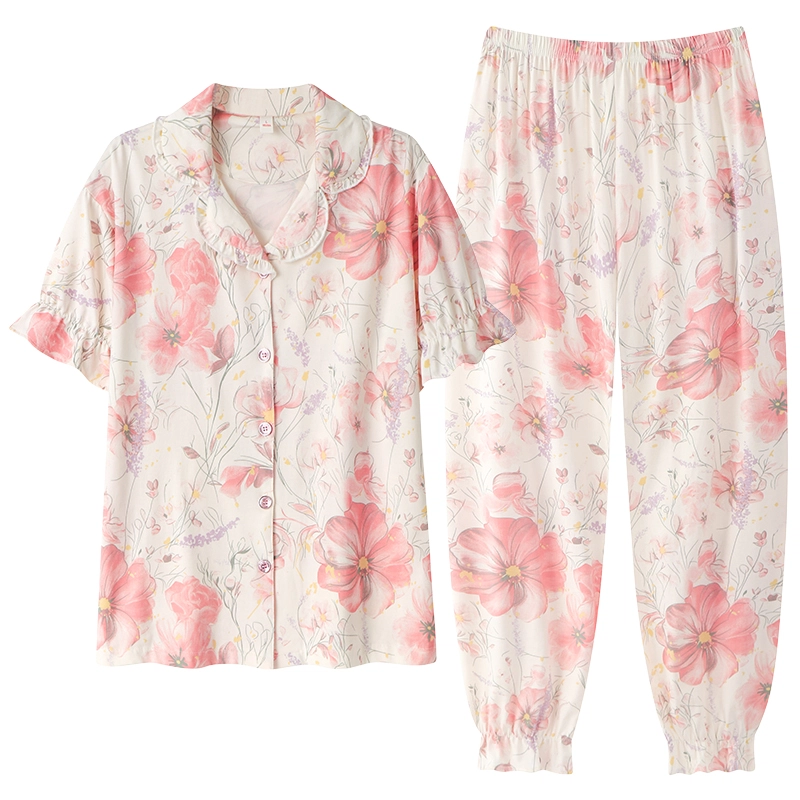 顶瓜瓜 国风灯笼短袖长裤大花休闲舒适家居服睡衣套装 女款