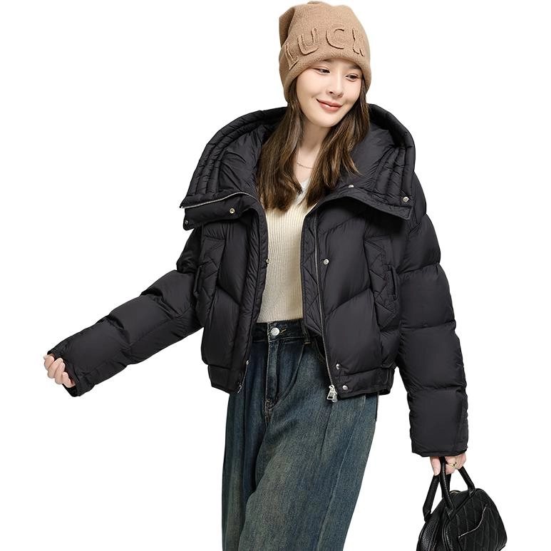 鸭鸭 韩版连帽加厚休闲时尚纯色短款长袖羽绒服 女款