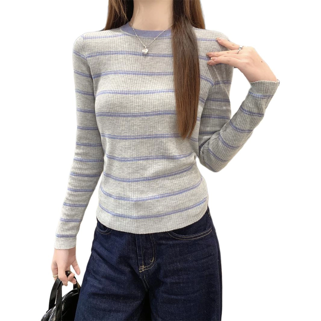 缪斯的诱惑 撞色条纹正肩长袖修身打底衫内搭上衣针织衫 女款 灰蓝条纹