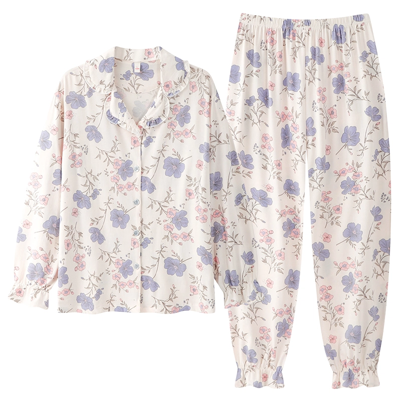 顶瓜瓜 国风长袖长裤休闲甜美舒适花朵家居服睡衣套装 女款