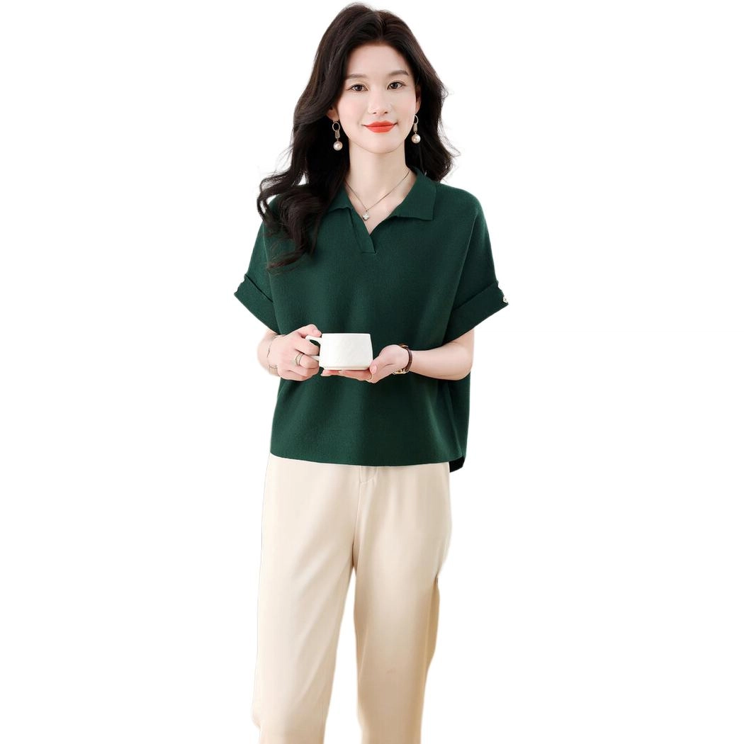 恒源祥 时尚通勤气质百搭翻领纯色设计感冰丝短袖针织衫 女款