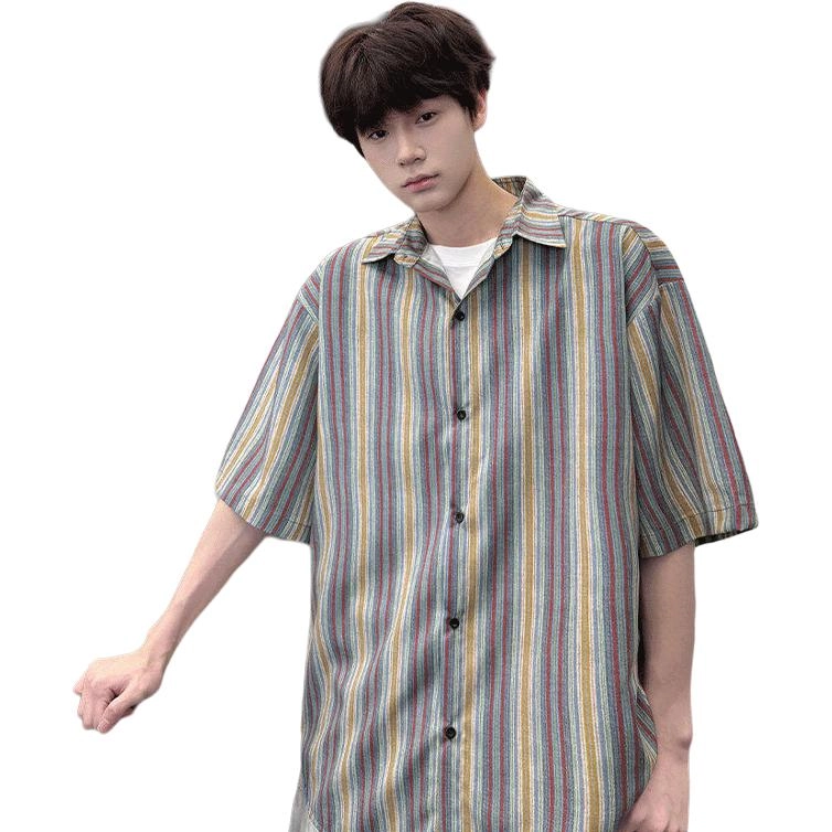黑马漫画 夏季复古冰丝条纹潮流宽松情侣防晒半袖上衣短袖衬衫 男女同款