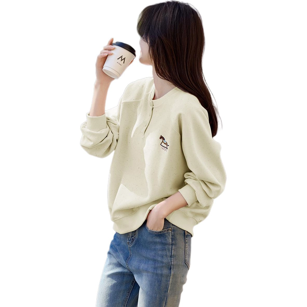 沐晓欣 减龄刺绣长袖上衣简约时尚小个子圆领宽松百搭女卫衣 女款