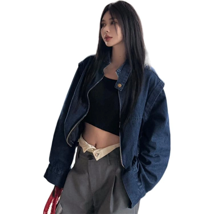 思蓓儿 立领拉链夹克短款长袖百搭韩版牛仔外套 女款 蓝色
