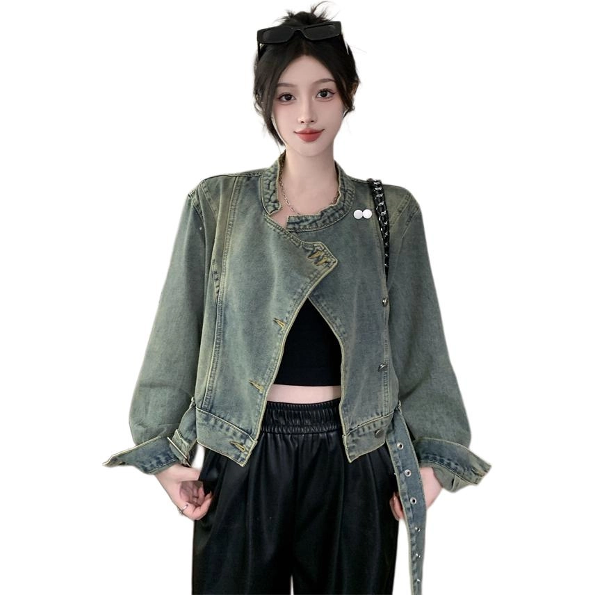 思蓓儿 美式复古做旧设计感立领宽松短款女牛仔外套 女款 图片色