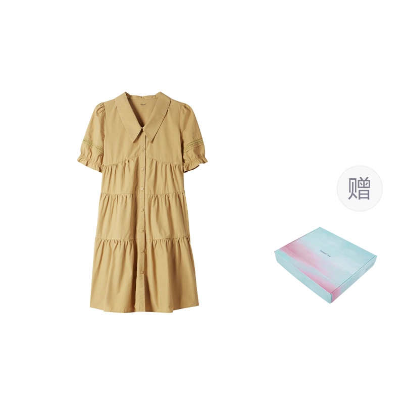 茵曼 【含礼盒装】纯色显瘦翻领泡泡袖短款衬衫连衣裙 女款  小个子显瘦 夏季