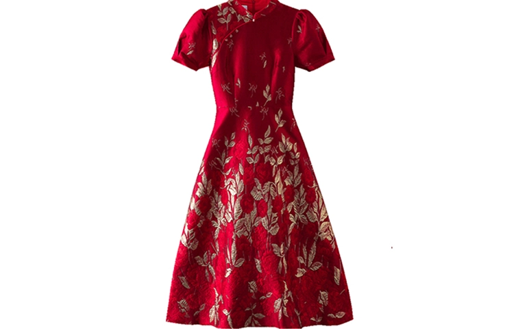 玫瑰泡泡袖改良版旗袍短袖仙女短袖连衣裙 夏季 女款 红色