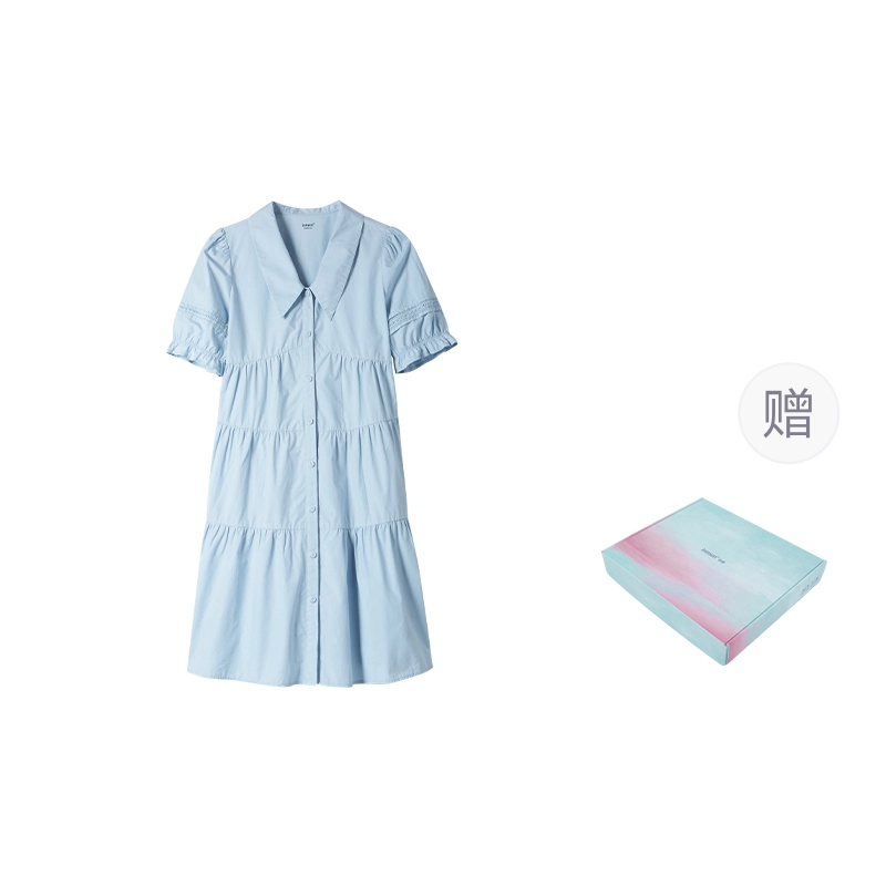 茵曼 【含礼盒装】纯色显瘦翻领泡泡袖短款衬衫连衣裙 女款  小个子显瘦 夏季