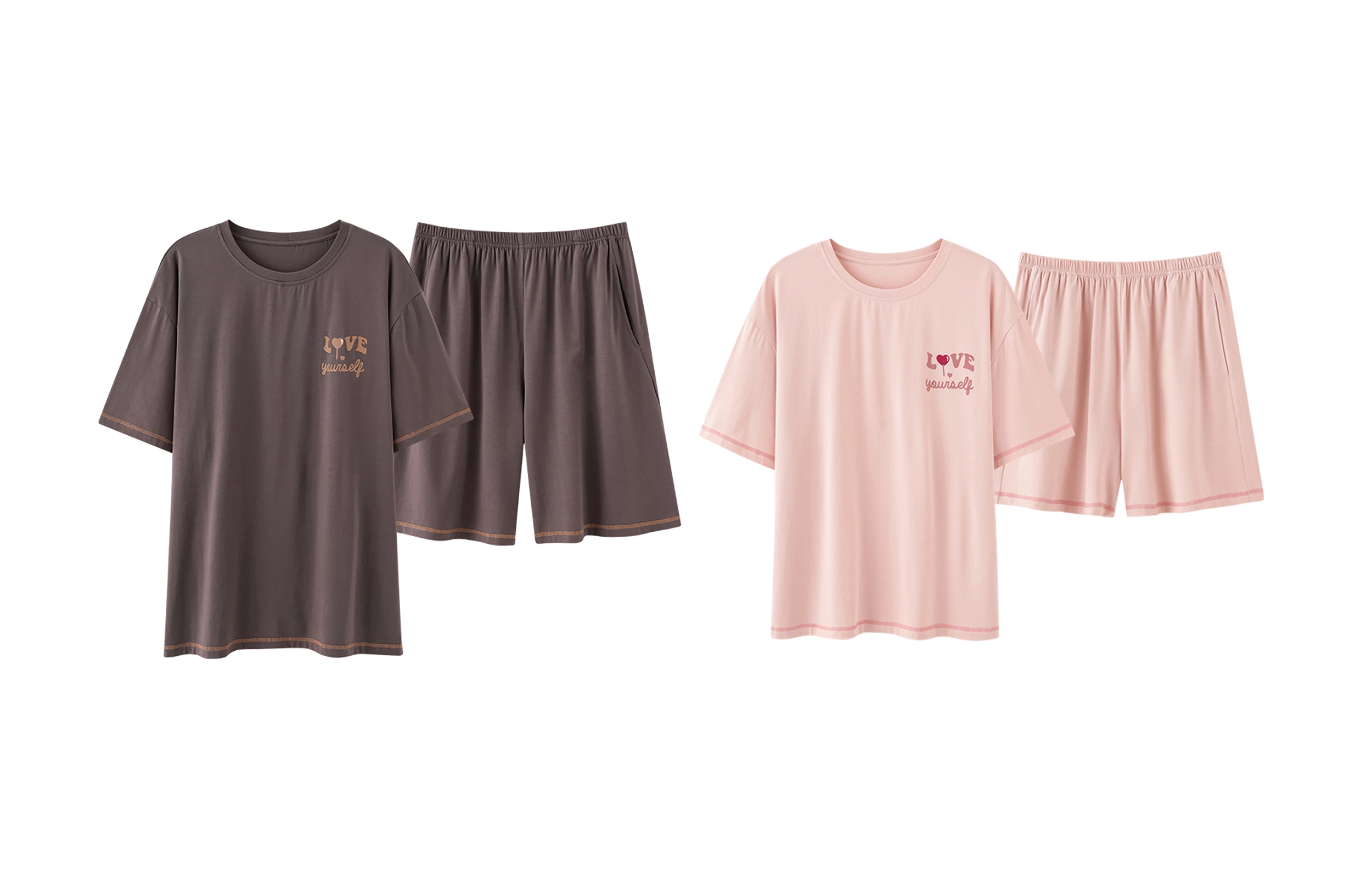 俏薇妮 柔软简约纯色时尚字母爱心高级感套头短袖短裤家居服舒适透气休闲宽松凉感可外穿夏季睡衣套装 男女同款 图片色