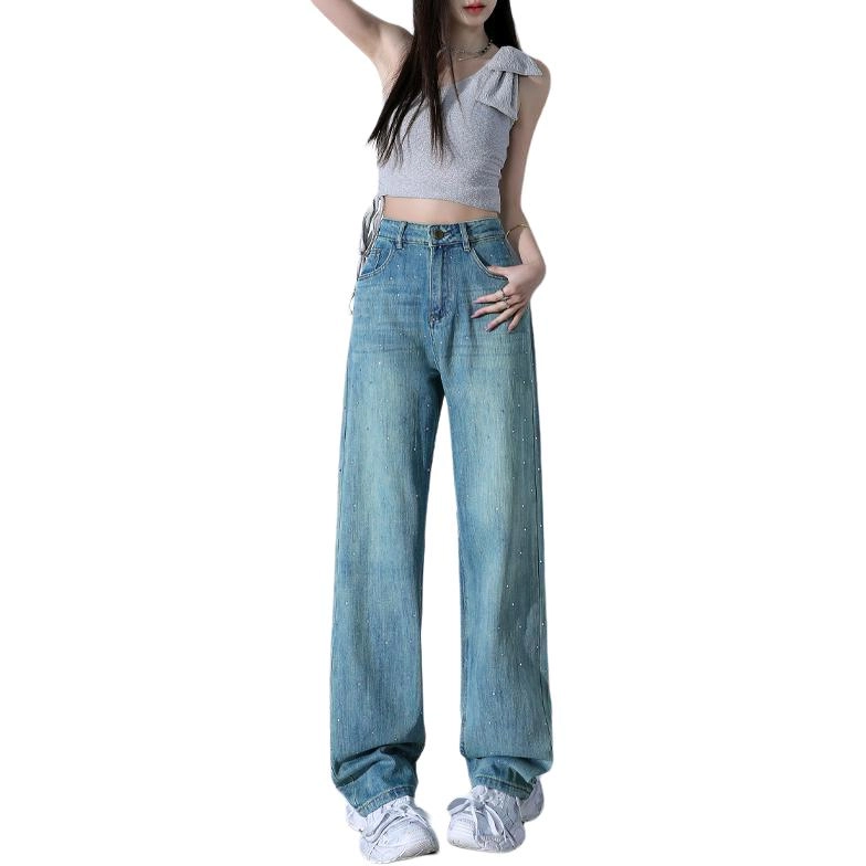 玫丝朵 美式潮流设计时尚百搭宽松阔腿牛仔裤 女款 烫钻孔雀绿