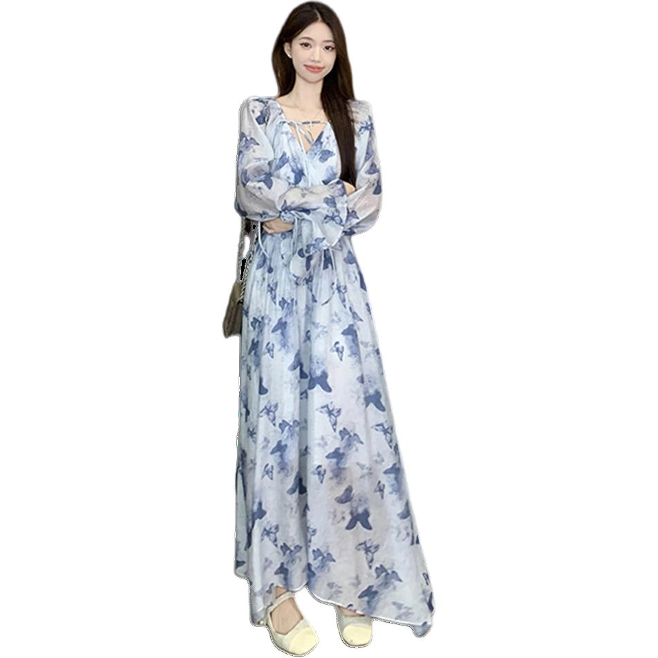 思蓓儿 法式碎花收腰气质长袖连衣裙 女款 蓝色