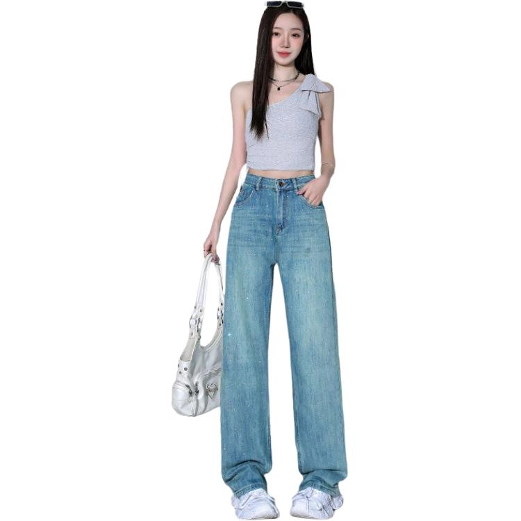 玫丝朵 美式潮流设计时尚百搭宽松阔腿牛仔裤 女款 烫钻孔雀绿