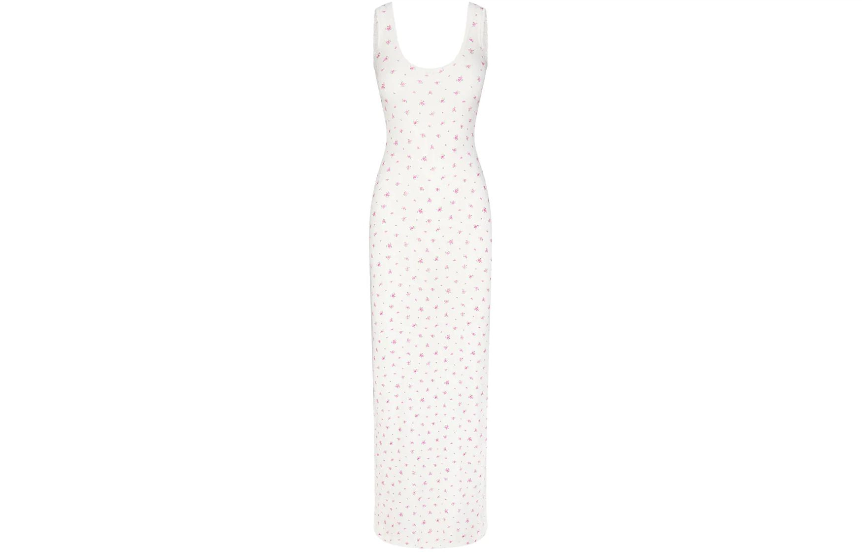 SKIMS SOFT LOUNGE LACE SCOOP NECK DRESS NEON ORCHID ROSE PRINT