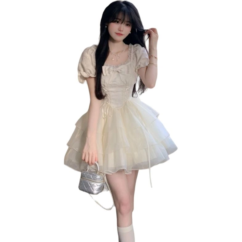 思蓓儿 甜美公主风蝴蝶结欧根纱短款方领舒适短袖连衣裙 女款 杏色