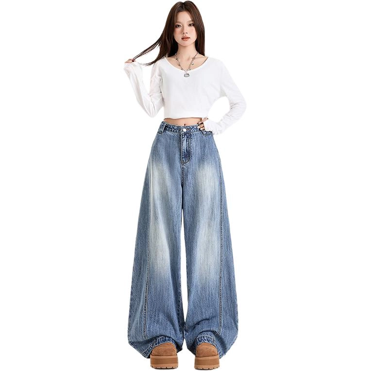 玫丝朵 美式复古宽松百搭直筒阔腿休闲牛仔裤 女款 蓝色
