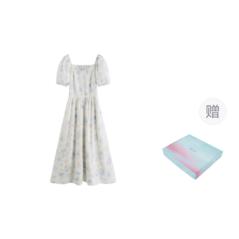茵曼 法式油画碎花裙短袖连衣裙 女款 白底蓝花