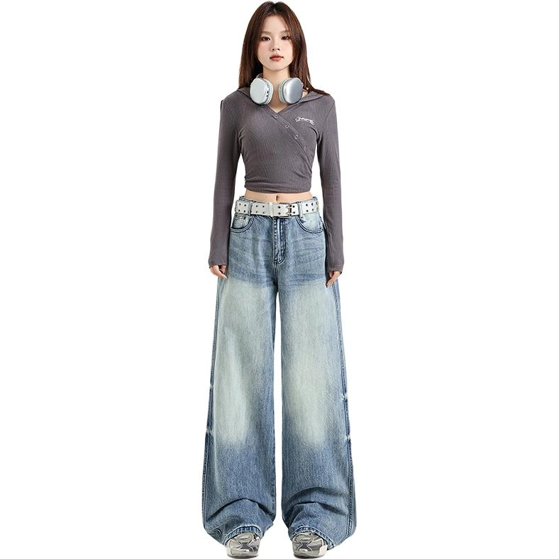玫丝朵 美式重工水洗做旧设计高腰宽松直筒阔腿拖地牛仔裤 女款 复古蓝